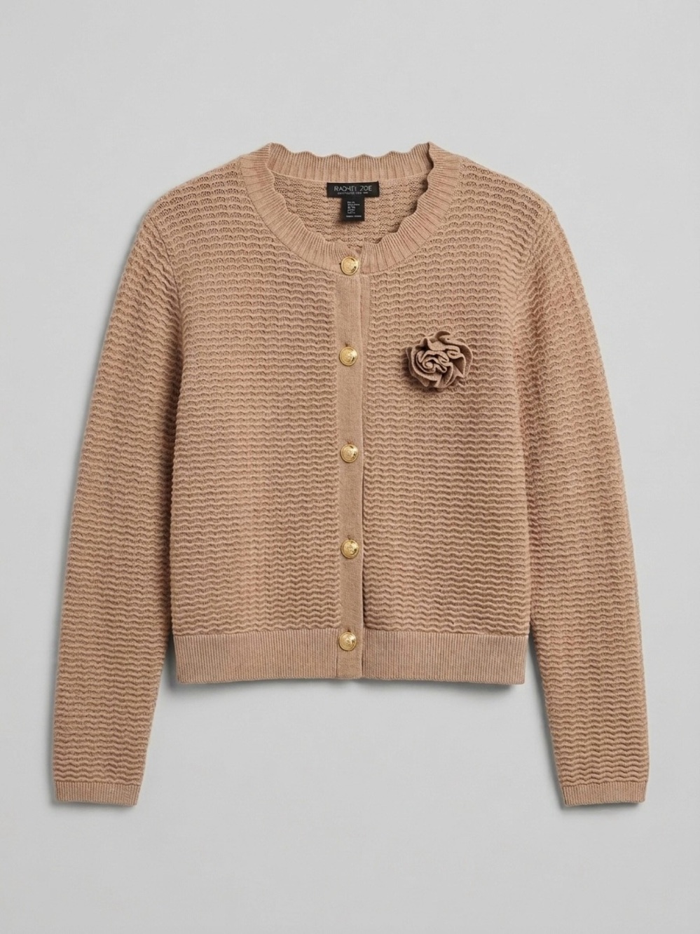 Rachel Zoe Rosette Wavy Knit Cardigan Sweater Women’s XL Tan Gold Lion Button